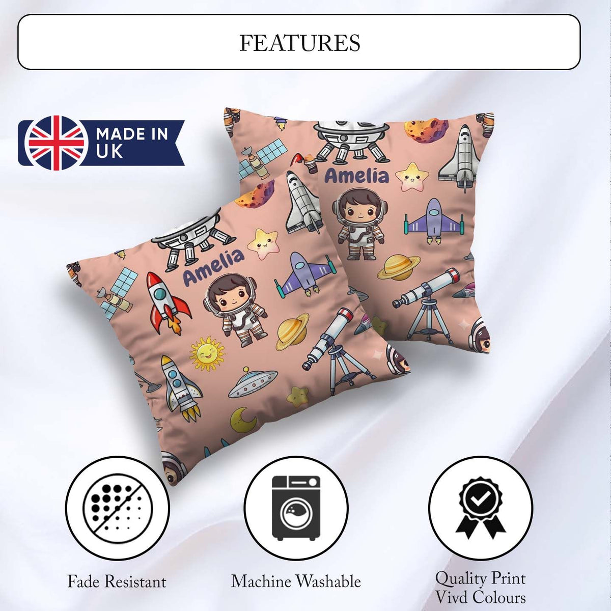 Custom Name Space Astronaut Rockets UFO Telescope Stars Seamless Square Filled Cushion Throw Pillow Sofa Bed Home Decor Zip Washable UK Made