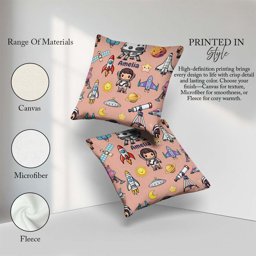 Custom Name Space Astronaut Rockets UFO Telescope Stars Seamless Square Filled Cushion Throw Pillow Sofa Bed Home Decor Zip Washable UK Made