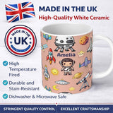 Personalized Custom Name Space Astronaut Rockets UFO Telescope Stars Seamless Peach 11oz Ceramic Coffee Tea Mug White Large Handle