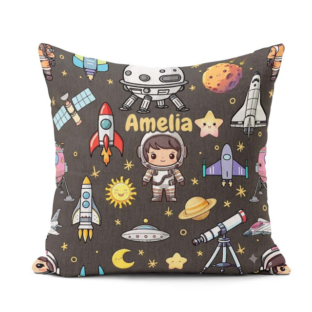 Custom Name Space Astronaut Rockets UFO Stars Seamless Dark Grey Square Filled Cushion Throw Pillow Sofa Bed Home Decor Zip Washable UK Made