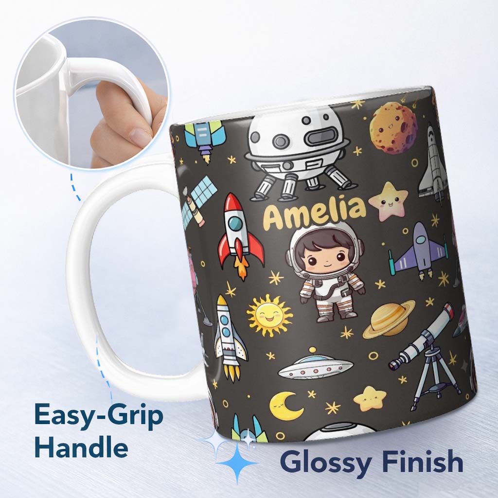 Personalized Custom Name Space Astronaut Rockets UFO Telescope Stars Seamless Dark Grey 11oz Ceramic Coffee Tea Mug White Large Handle