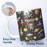 Personalized Custom Name Space Astronaut Rockets UFO Telescope Stars Seamless Dark Grey 11oz Ceramic Coffee Tea Mug White Large Handle