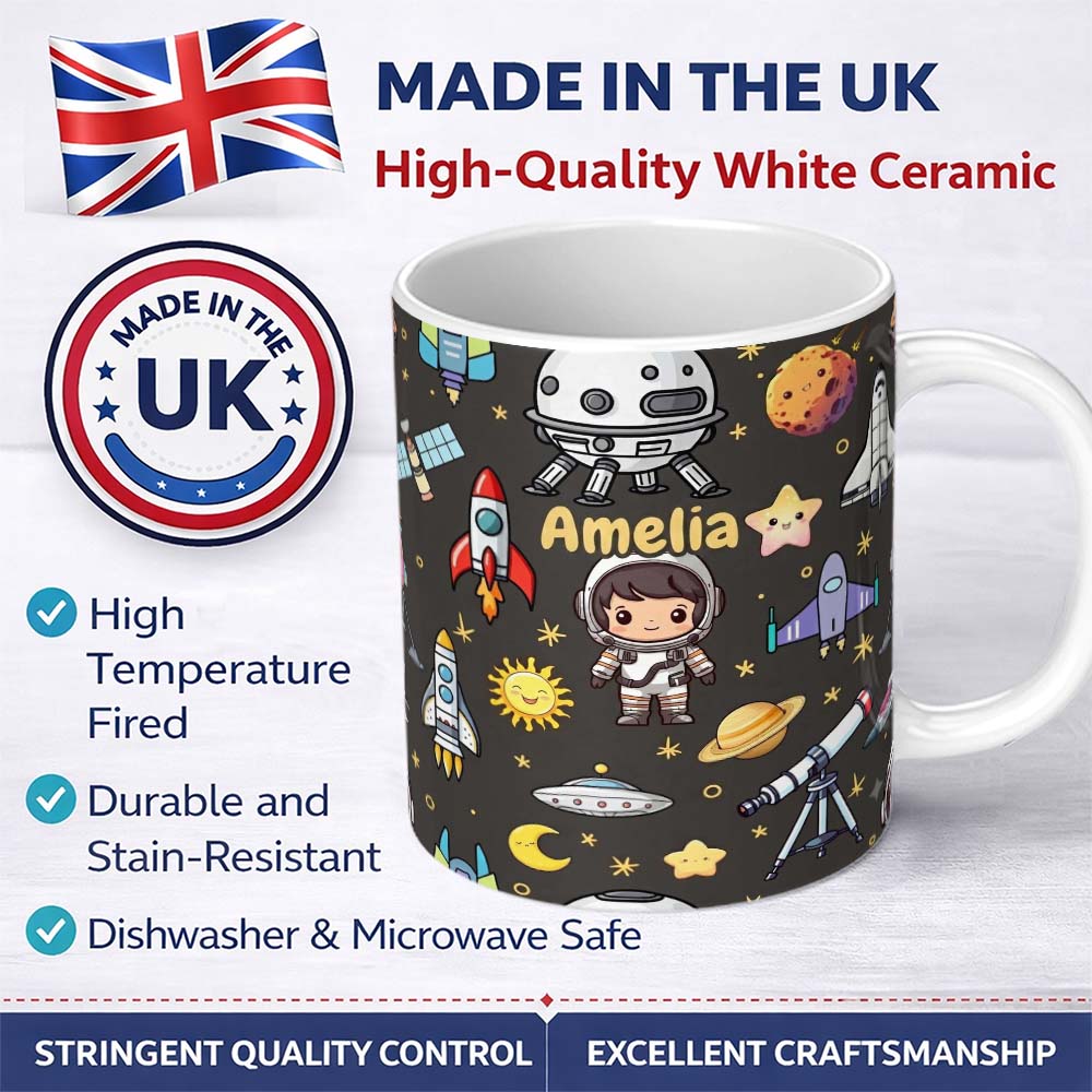 Personalized Custom Name Space Astronaut Rockets UFO Telescope Stars Seamless Dark Grey 11oz Ceramic Coffee Tea Mug White Large Handle