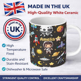 Personalized Custom Name Space Astronaut Rockets UFO Telescope Stars Seamless Dark Grey 11oz Ceramic Coffee Tea Mug White Large Handle