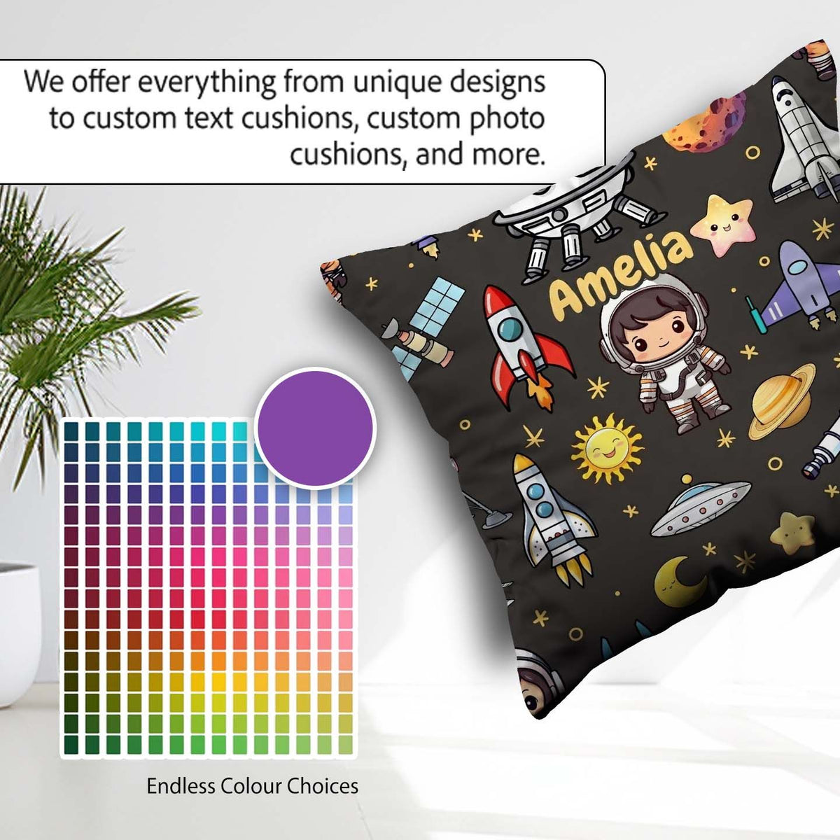Custom Name Space Astronaut Rockets UFO Stars Seamless Dark Grey Square Filled Cushion Throw Pillow Sofa Bed Home Decor Zip Washable UK Made