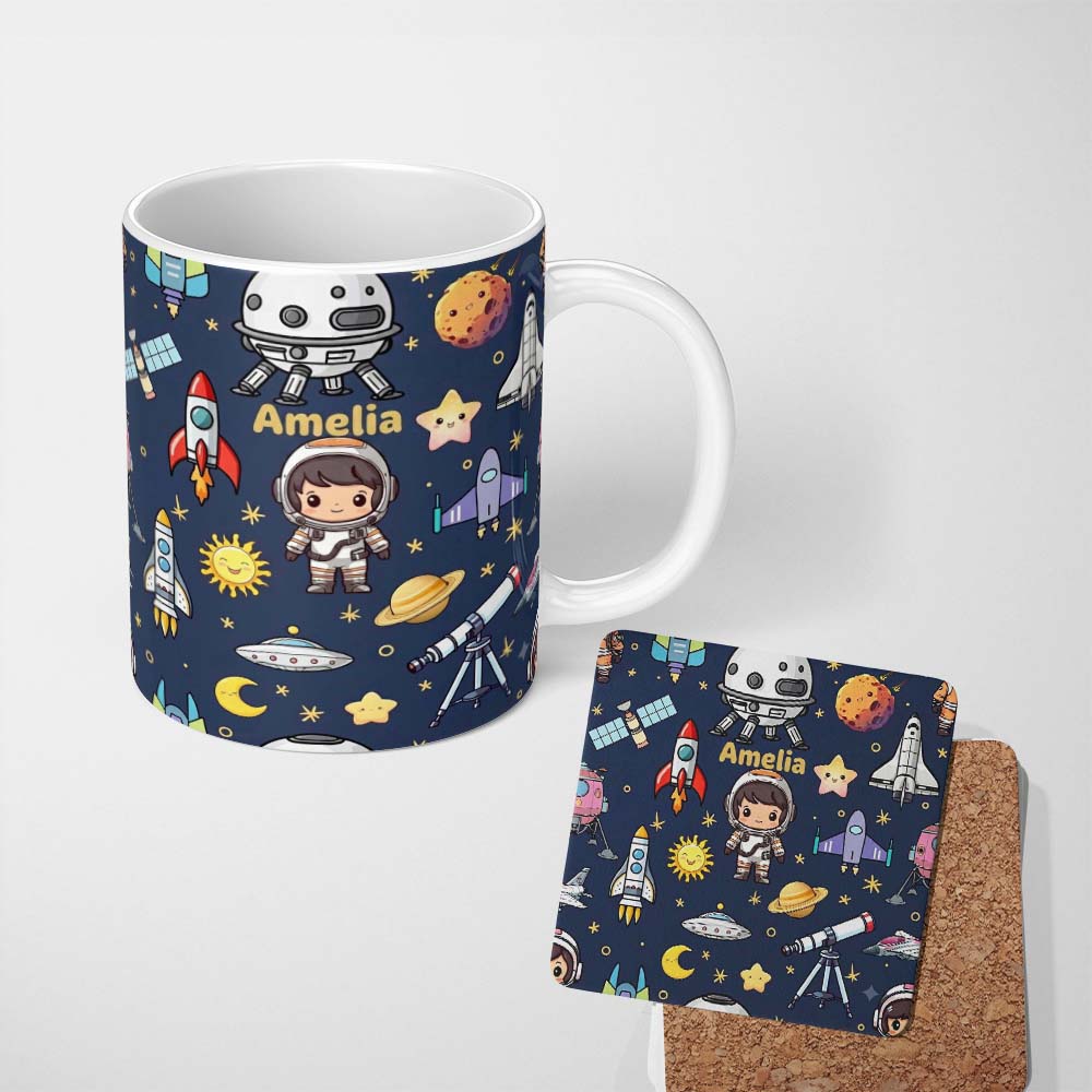 Personalized Custom Name Space Astronaut Rockets UFO Telescope Stars Seamless Navy Blue 11oz Ceramic Coffee Tea Mug White Large Handle