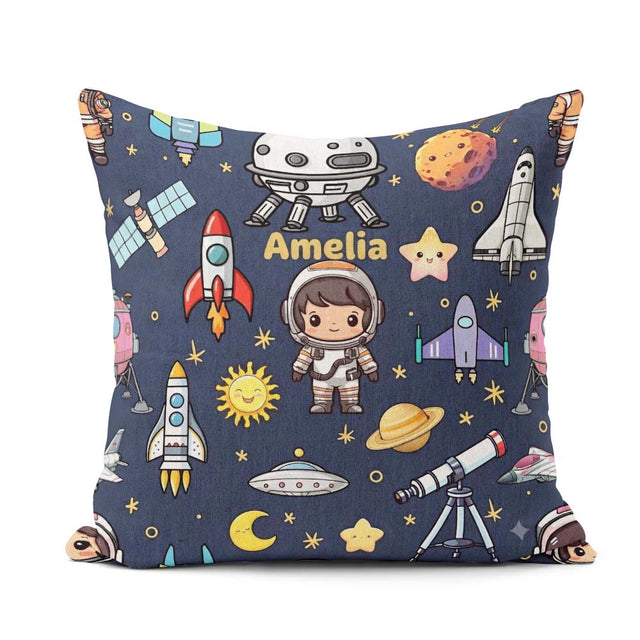Custom Name Space Astronaut Rockets UFO Stars Seamless Navy Blue Square Filled Cushion Throw Pillow Sofa Bed Home Decor Zip Washable UK Made