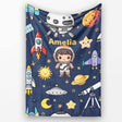 Space Astronaut Rockets UFO Telescope Stars Seamless Navy Blue  Personalised Custom Name Super Soft Fleece Blanket Bed Sofa Throw