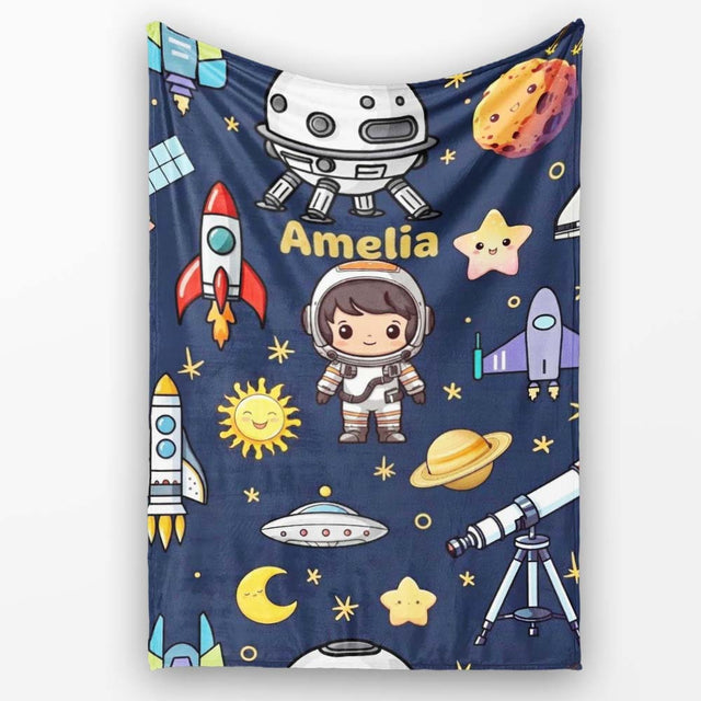 Space Astronaut Rockets UFO Telescope Stars Seamless Navy Blue  Personalised Custom Name Super Soft Fleece Blanket Bed Sofa Throw