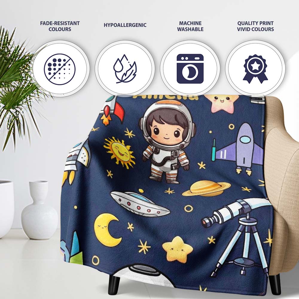 Space Astronaut Rockets UFO Telescope Stars Seamless Navy Blue  Personalised Custom Name Super Soft Fleece Blanket Bed Sofa Throw