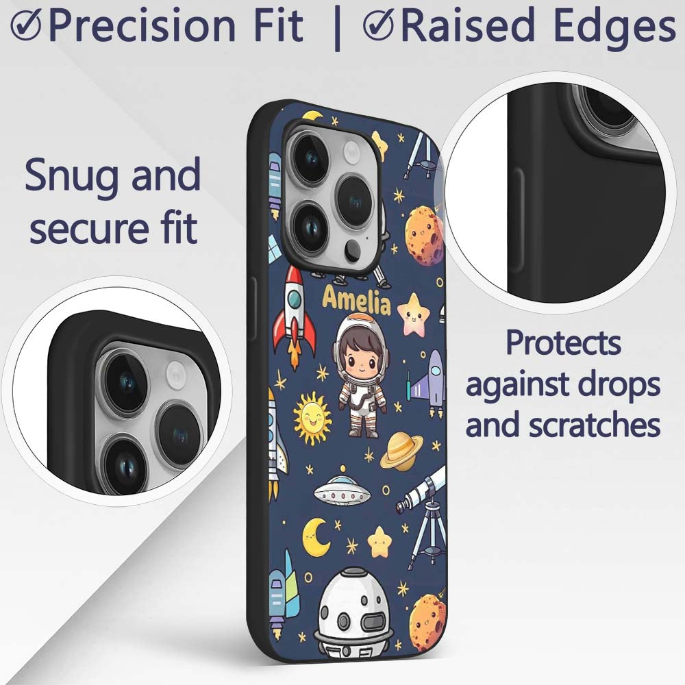 Space Astronaut Rockets UFO Decorative Design Custom Name Protective Phone Case Mobile Cover Durable Everyday Smartphone Shock Resistant