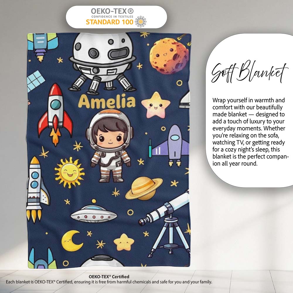 Space Astronaut Rockets UFO Telescope Stars Seamless Navy Blue  Personalised Custom Name Super Soft Fleece Blanket Bed Sofa Throw