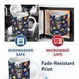 Personalized Custom Name Space Astronaut Rockets UFO Telescope Stars Seamless Navy Blue 11oz Ceramic Coffee Tea Mug White Large Handle