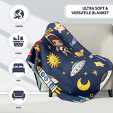 Space Astronaut Rockets UFO Telescope Stars Seamless Navy Blue  Personalised Custom Name Super Soft Fleece Blanket Bed Sofa Throw