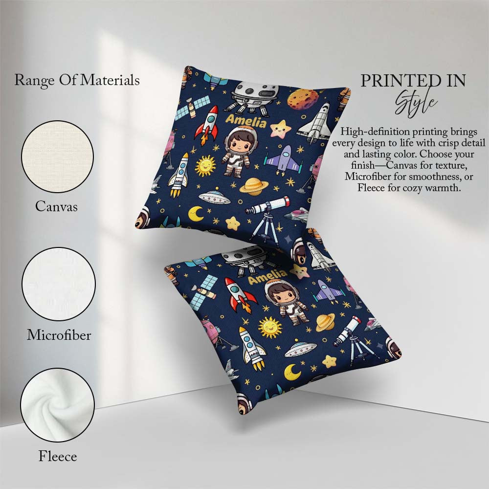 Custom Name Space Astronaut Rockets UFO Stars Seamless Navy Blue Square Filled Cushion Throw Pillow Sofa Bed Home Decor Zip Washable UK Made