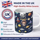 Personalized Custom Name Space Astronaut Rockets UFO Telescope Stars Seamless Navy Blue 11oz Ceramic Coffee Tea Mug White Large Handle