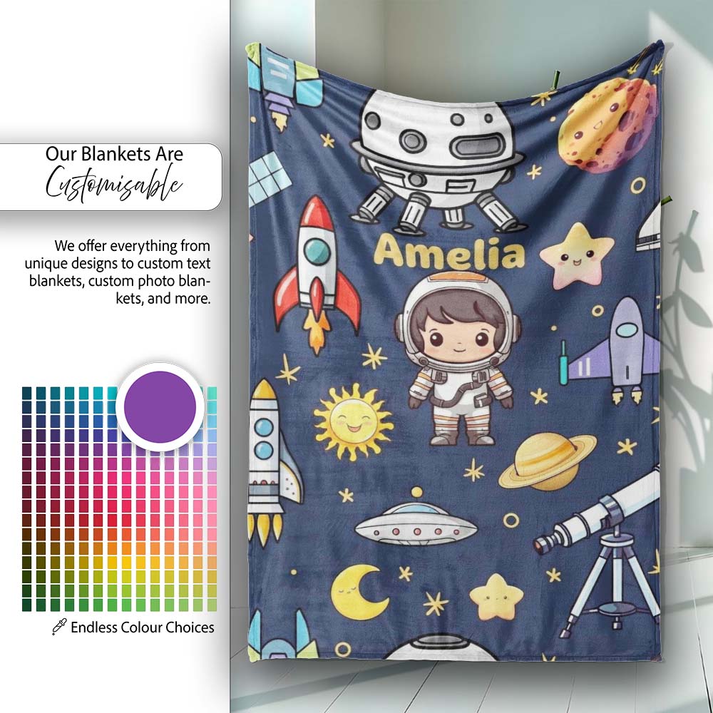 Space Astronaut Rockets UFO Telescope Stars Seamless Navy Blue  Personalised Custom Name Super Soft Fleece Blanket Bed Sofa Throw