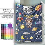 Space Astronaut Rockets UFO Telescope Stars Seamless Navy Blue  Personalised Custom Name Super Soft Fleece Blanket Bed Sofa Throw