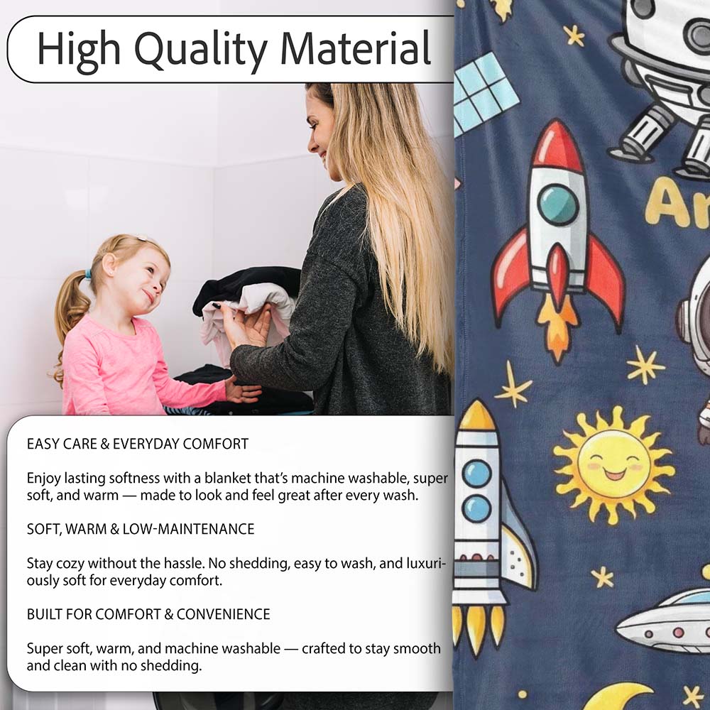 Space Astronaut Rockets UFO Telescope Stars Seamless Navy Blue  Personalised Custom Name Super Soft Fleece Blanket Bed Sofa Throw