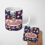 Personalized Custom Name Space Astronaut Rockets UFO Telescope Stars Seamless Deep Purple 11oz Ceramic Coffee Tea Mug White Large Handle