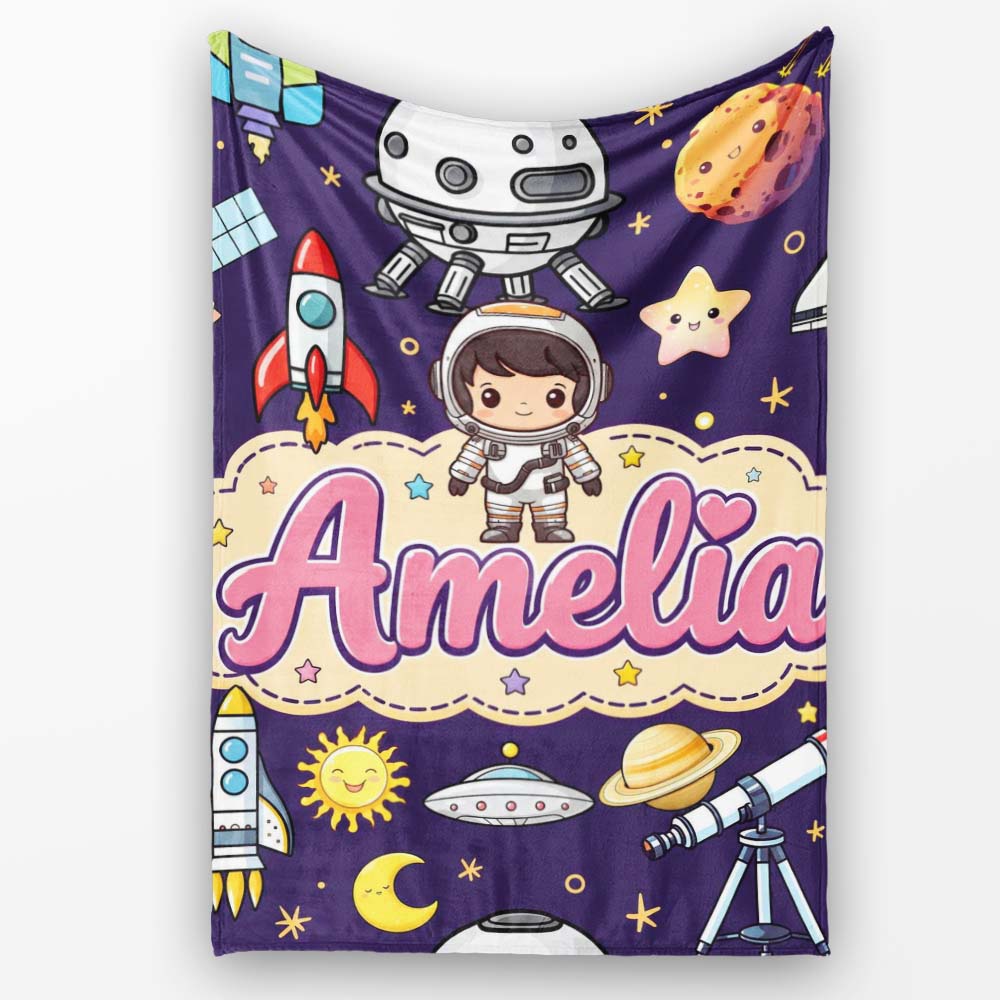 Space Astronaut Rockets UFO Telescope Stars Seamless Deep Purple  Personalised Custom Name Super Soft Fleece Blanket Bed Sofa Throw