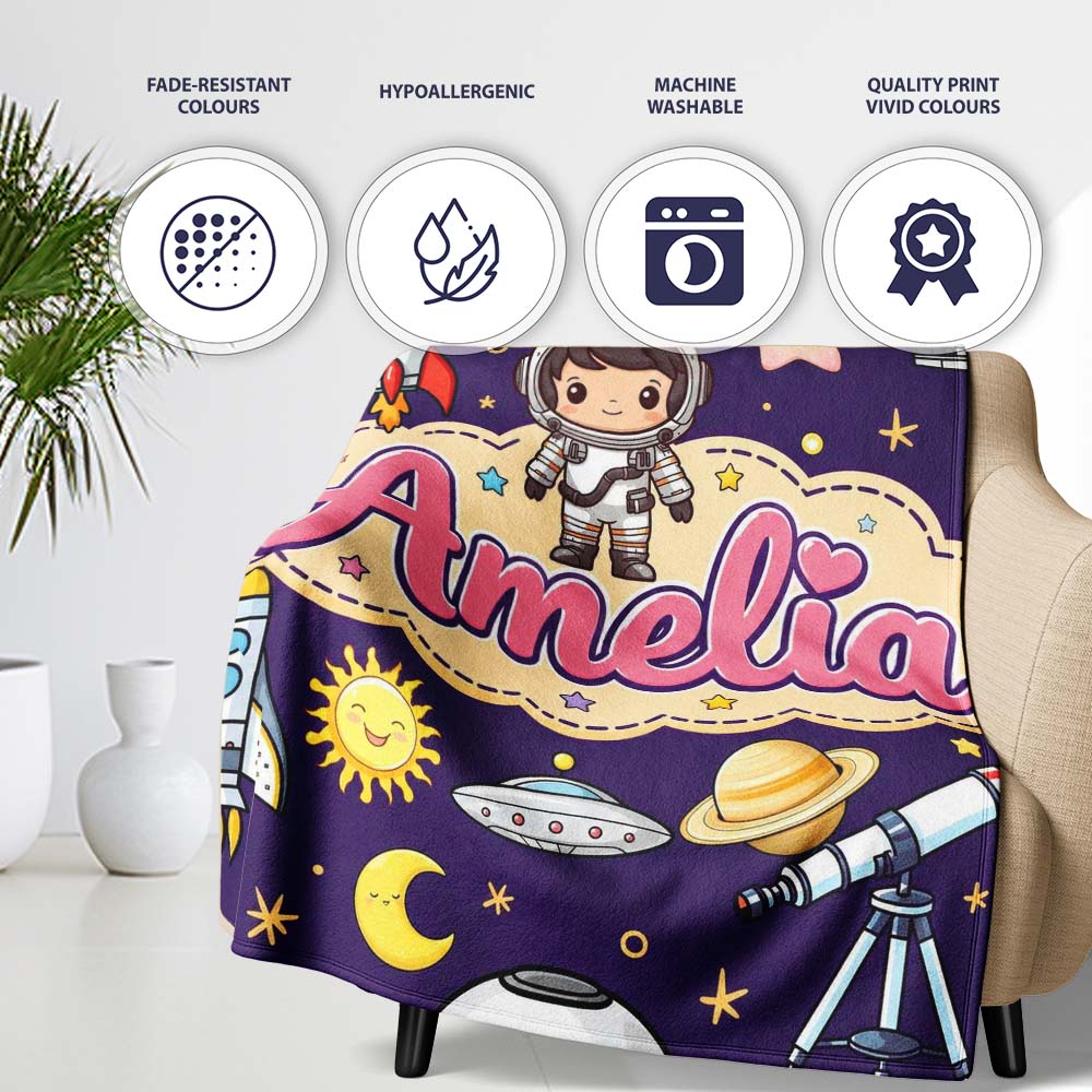 Space Astronaut Rockets UFO Telescope Stars Seamless Deep Purple  Personalised Custom Name Super Soft Fleece Blanket Bed Sofa Throw