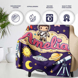 Space Astronaut Rockets UFO Telescope Stars Seamless Deep Purple  Personalised Custom Name Super Soft Fleece Blanket Bed Sofa Throw