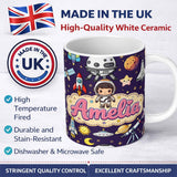Personalized Custom Name Space Astronaut Rockets UFO Telescope Stars Seamless Deep Purple 11oz Ceramic Coffee Tea Mug White Large Handle