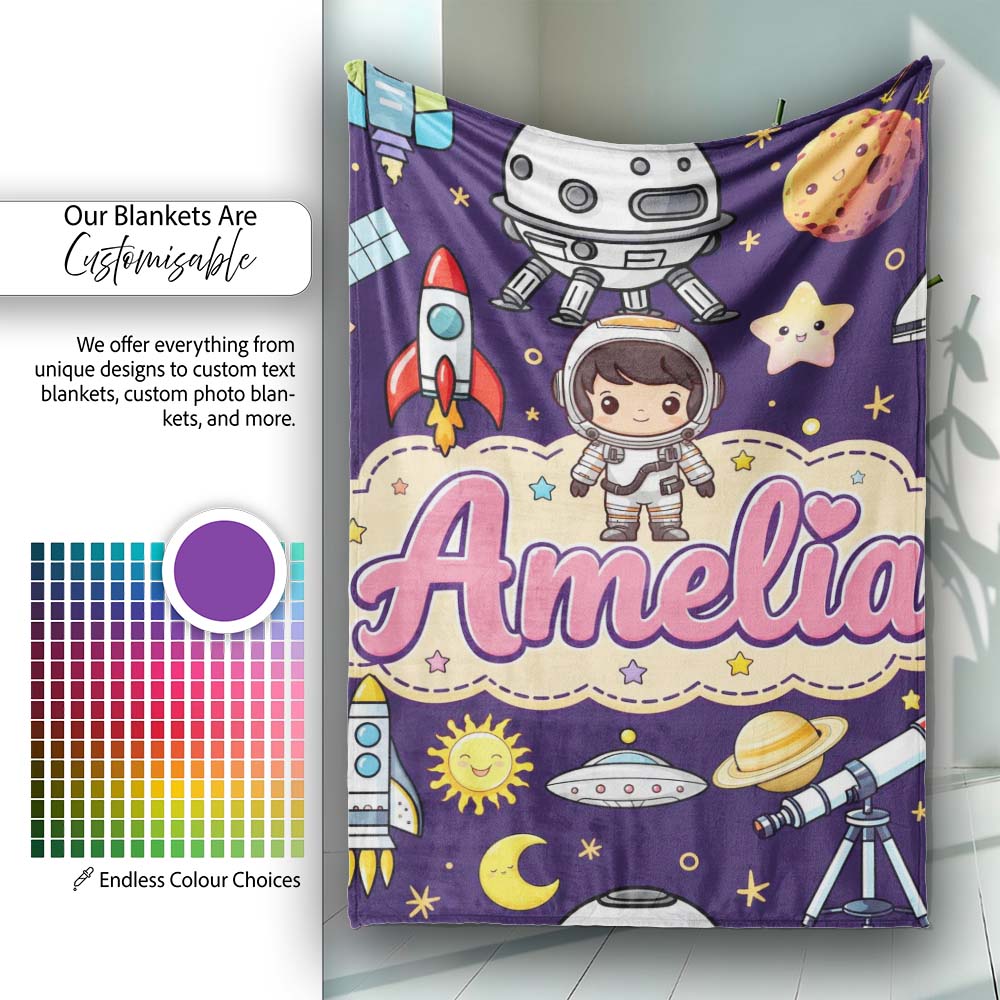 Space Astronaut Rockets UFO Telescope Stars Seamless Deep Purple  Personalised Custom Name Super Soft Fleece Blanket Bed Sofa Throw