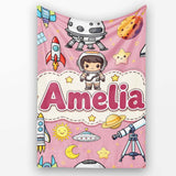 Space Astronaut Rockets UFO Telescope Stars Seamless Pink  Personalised Custom Name Super Soft Fleece Blanket Bed Sofa Throw