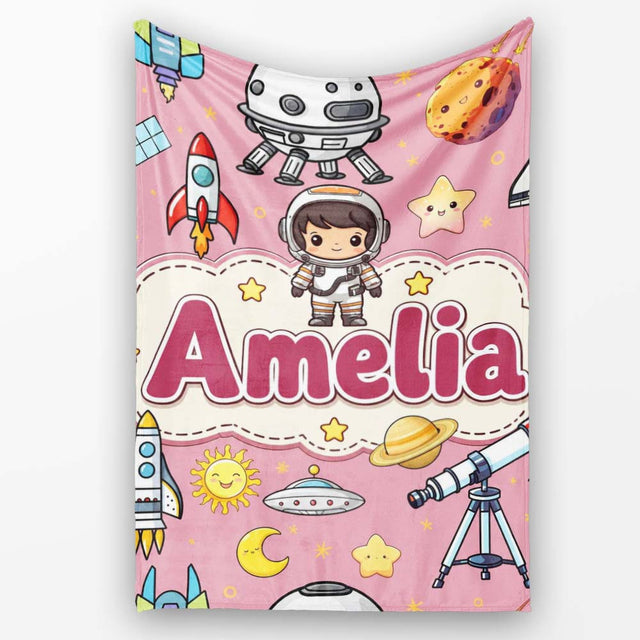 Space Astronaut Rockets UFO Telescope Stars Seamless Pink  Personalised Custom Name Super Soft Fleece Blanket Bed Sofa Throw