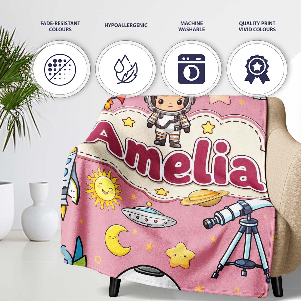 Space Astronaut Rockets UFO Telescope Stars Seamless Pink  Personalised Custom Name Super Soft Fleece Blanket Bed Sofa Throw