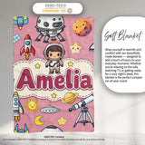 Space Astronaut Rockets UFO Telescope Stars Seamless Pink  Personalised Custom Name Super Soft Fleece Blanket Bed Sofa Throw