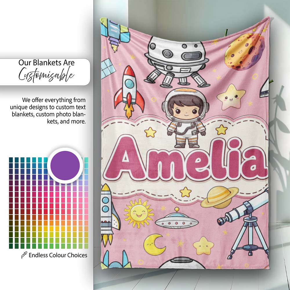 Space Astronaut Rockets UFO Telescope Stars Seamless Pink  Personalised Custom Name Super Soft Fleece Blanket Bed Sofa Throw