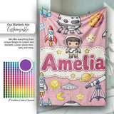 Space Astronaut Rockets UFO Telescope Stars Seamless Pink  Personalised Custom Name Super Soft Fleece Blanket Bed Sofa Throw