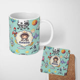 Personalized Custom Name Space Astronaut Rockets UFO Telescope Stars Seamless Mint Green 11oz Ceramic Coffee Tea Mug White Large Handle