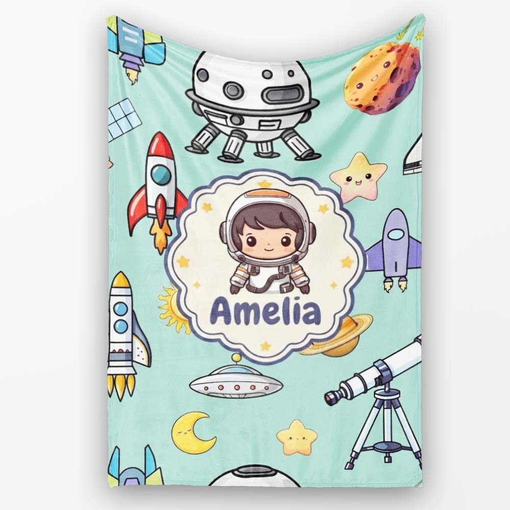 Space Astronaut Rockets UFO Telescope Stars Seamless Mint Green  Personalised Custom Name Super Soft Fleece Blanket Bed Sofa Throw