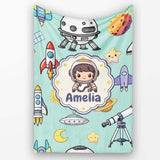 Space Astronaut Rockets UFO Telescope Stars Seamless Mint Green  Personalised Custom Name Super Soft Fleece Blanket Bed Sofa Throw
