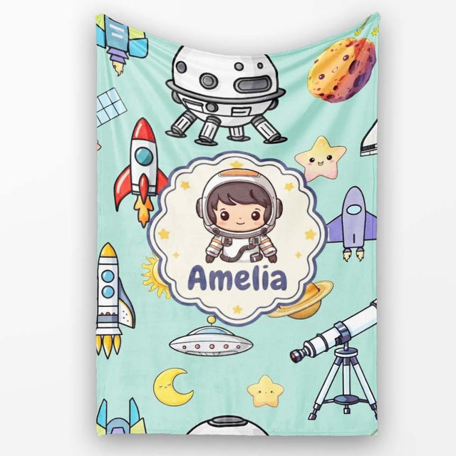 Space Astronaut Rockets UFO Telescope Stars Seamless Mint Green  Personalised Custom Name Super Soft Fleece Blanket Bed Sofa Throw