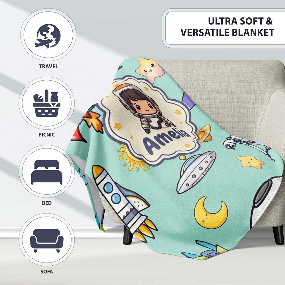 Space Astronaut Rockets UFO Telescope Stars Seamless Mint Green  Personalised Custom Name Super Soft Fleece Blanket Bed Sofa Throw