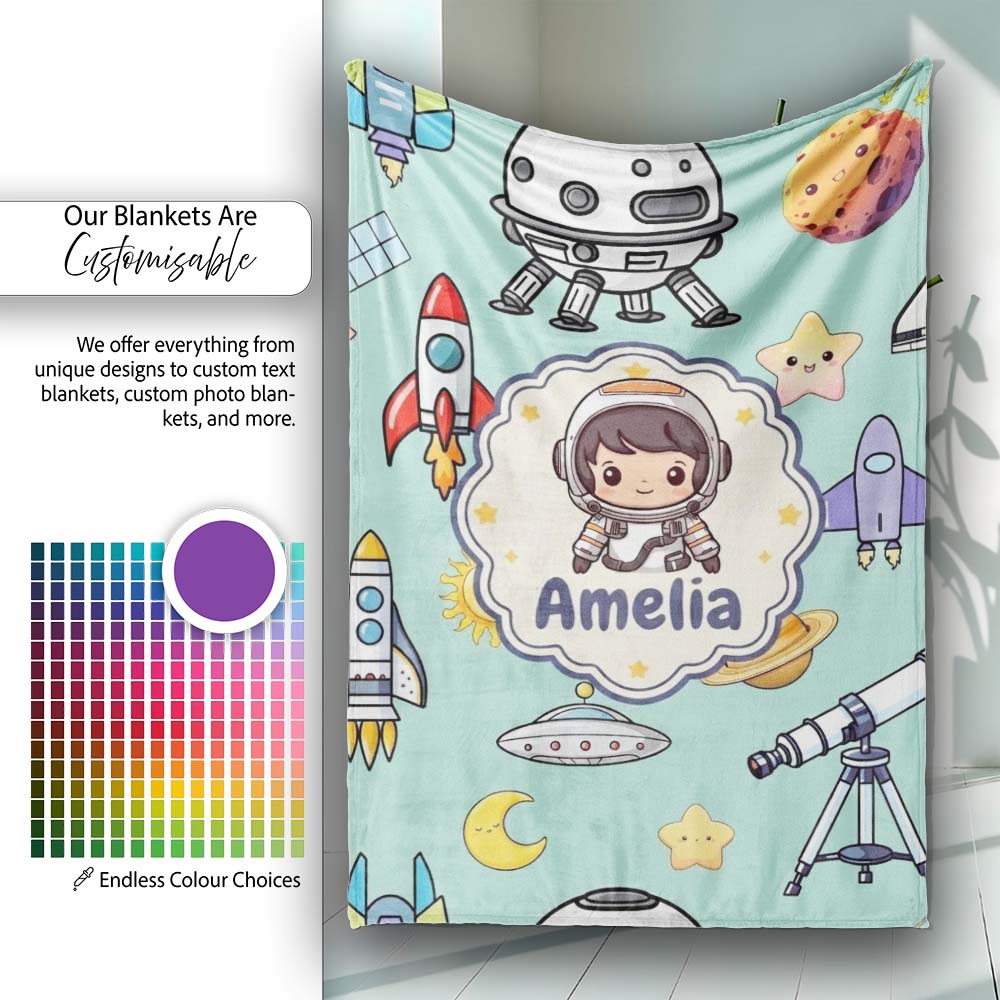 Space Astronaut Rockets UFO Telescope Stars Seamless Mint Green  Personalised Custom Name Super Soft Fleece Blanket Bed Sofa Throw