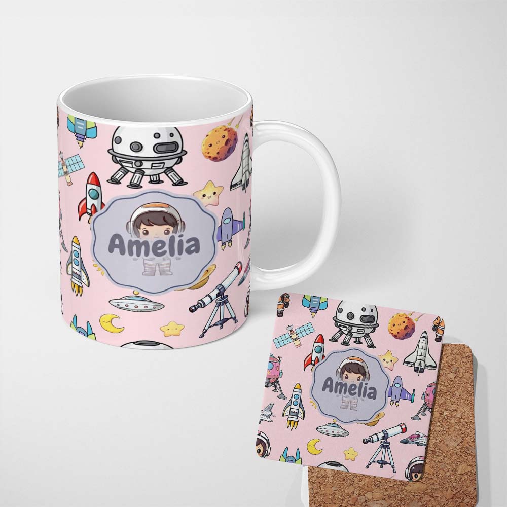 Personalized Custom Name Space Astronaut Rockets UFO Telescope Stars Seamless Blush Green 11oz Ceramic Coffee Tea Mug White Large Handle