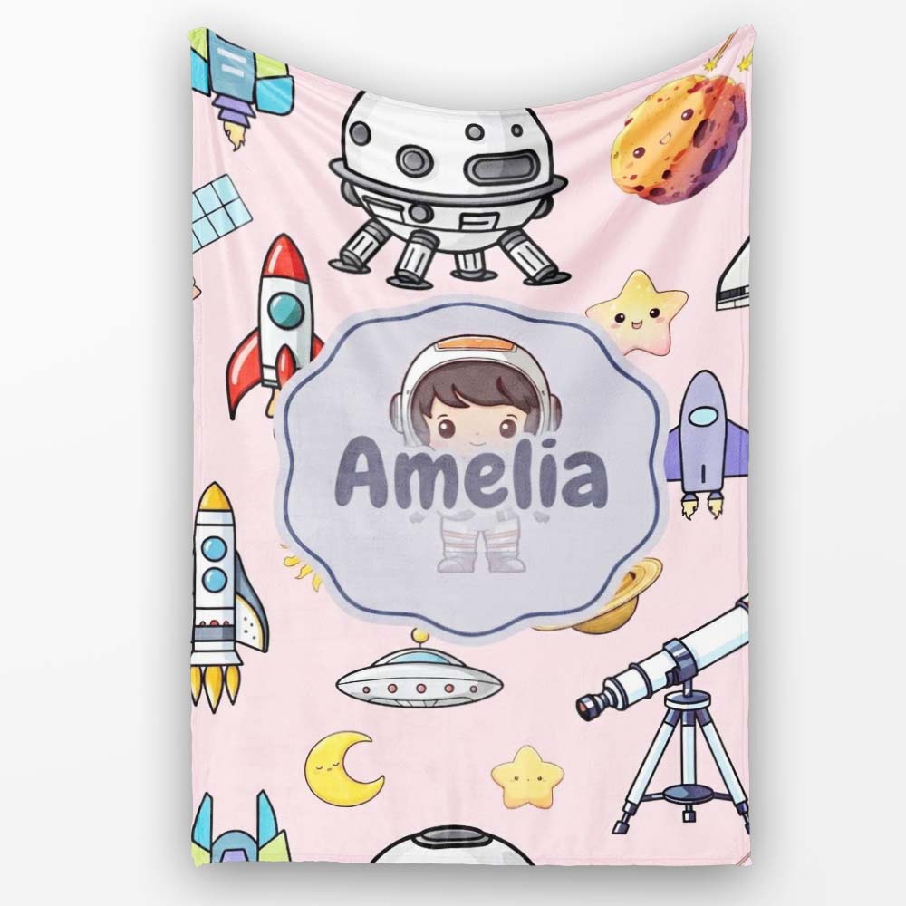 Space Astronaut Rockets UFO Telescope Stars Seamless Blush Green  Personalised Custom Name Super Soft Fleece Blanket Bed Sofa Throw