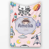Space Astronaut Rockets UFO Telescope Stars Seamless Blush Green  Personalised Custom Name Super Soft Fleece Blanket Bed Sofa Throw