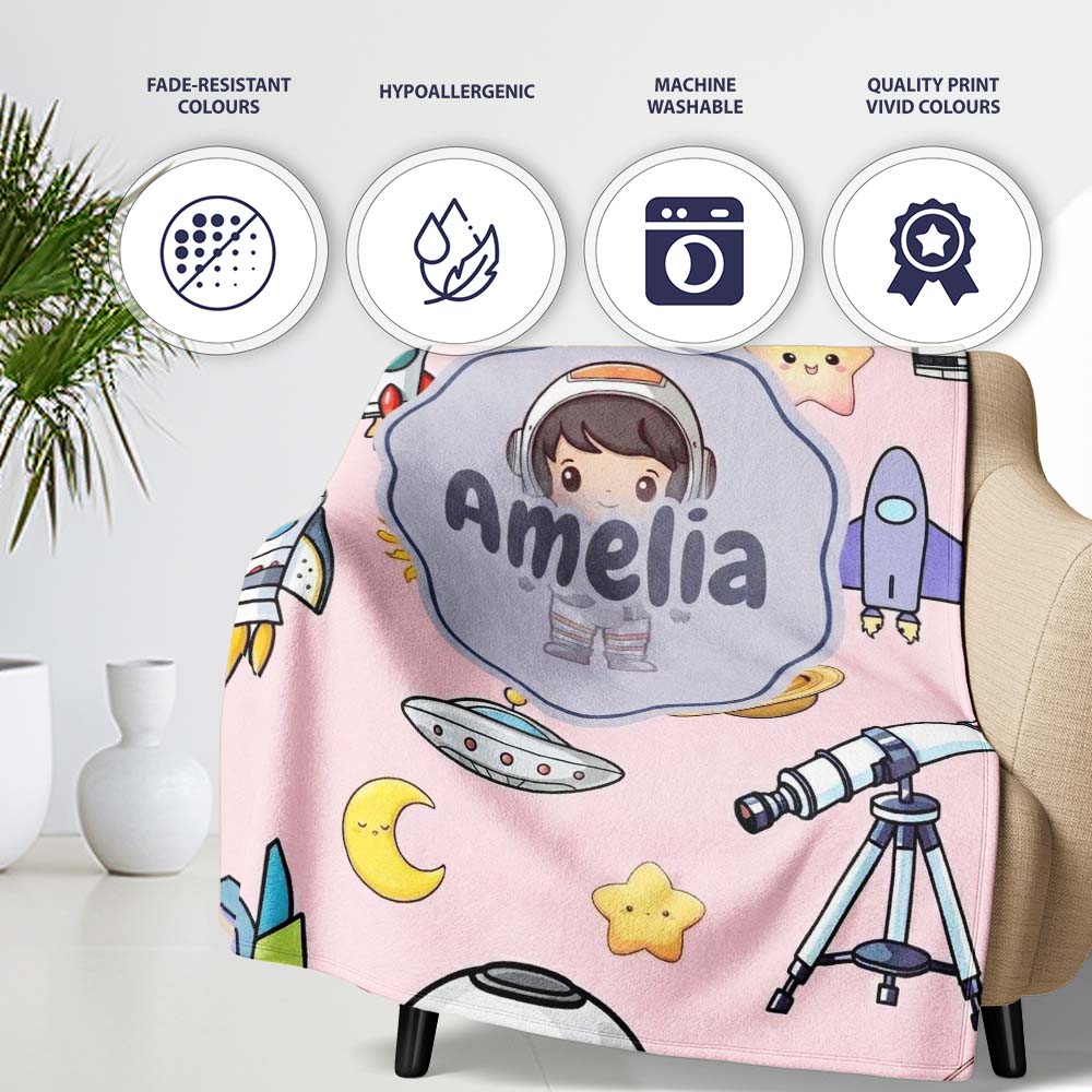 Space Astronaut Rockets UFO Telescope Stars Seamless Blush Green  Personalised Custom Name Super Soft Fleece Blanket Bed Sofa Throw