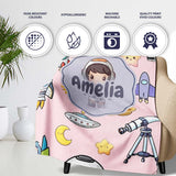Space Astronaut Rockets UFO Telescope Stars Seamless Blush Green  Personalised Custom Name Super Soft Fleece Blanket Bed Sofa Throw