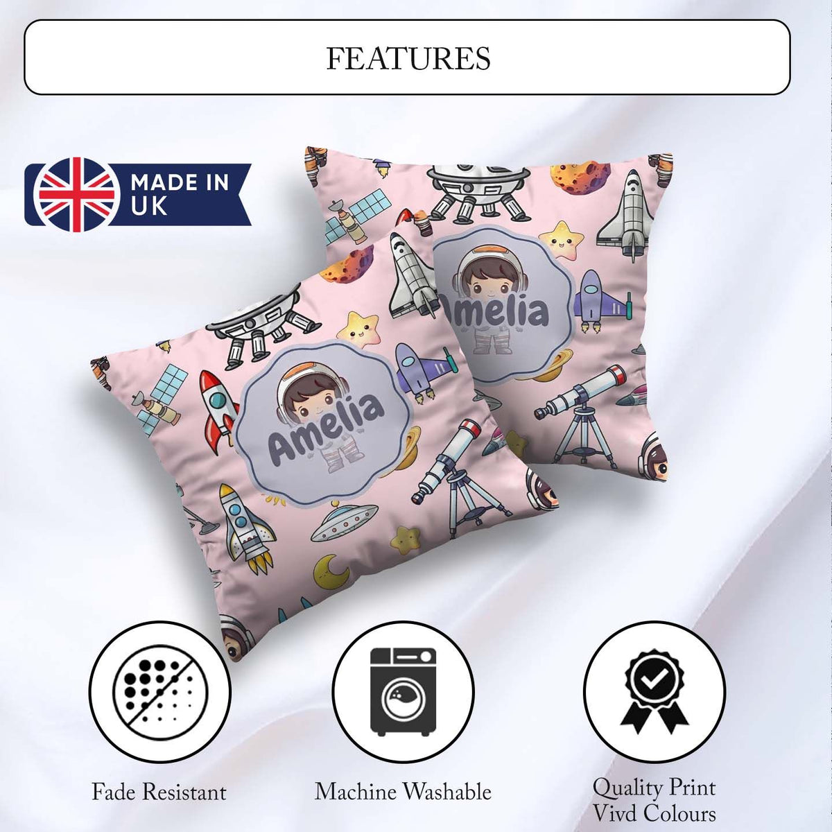 Custom Name Space Astronaut Rockets UFO Telescope Stars Seamless Square Filled Cushion Throw Pillow Sofa Bed Home Decor Zip Washable UK Made