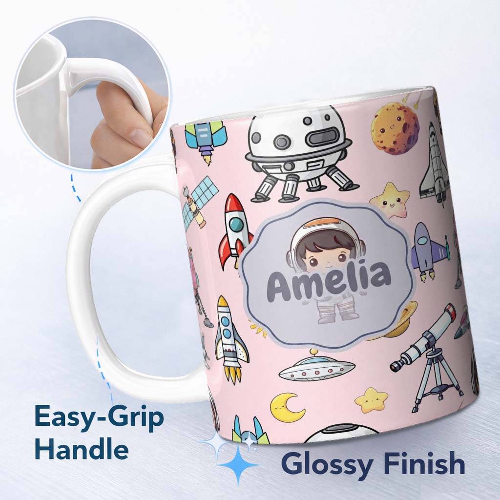 Personalized Custom Name Space Astronaut Rockets UFO Telescope Stars Seamless Blush Green 11oz Ceramic Coffee Tea Mug White Large Handle