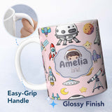 Personalized Custom Name Space Astronaut Rockets UFO Telescope Stars Seamless Blush Green 11oz Ceramic Coffee Tea Mug White Large Handle