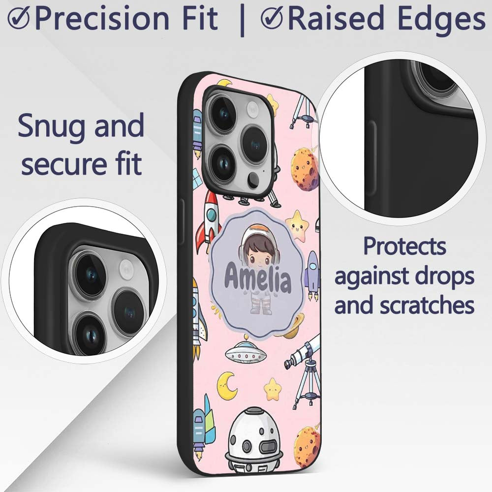 Space Astronaut Rockets UFO Decorative Design Custom Name Protective Phone Case Mobile Cover Durable Everyday Smartphone Shock Resistant